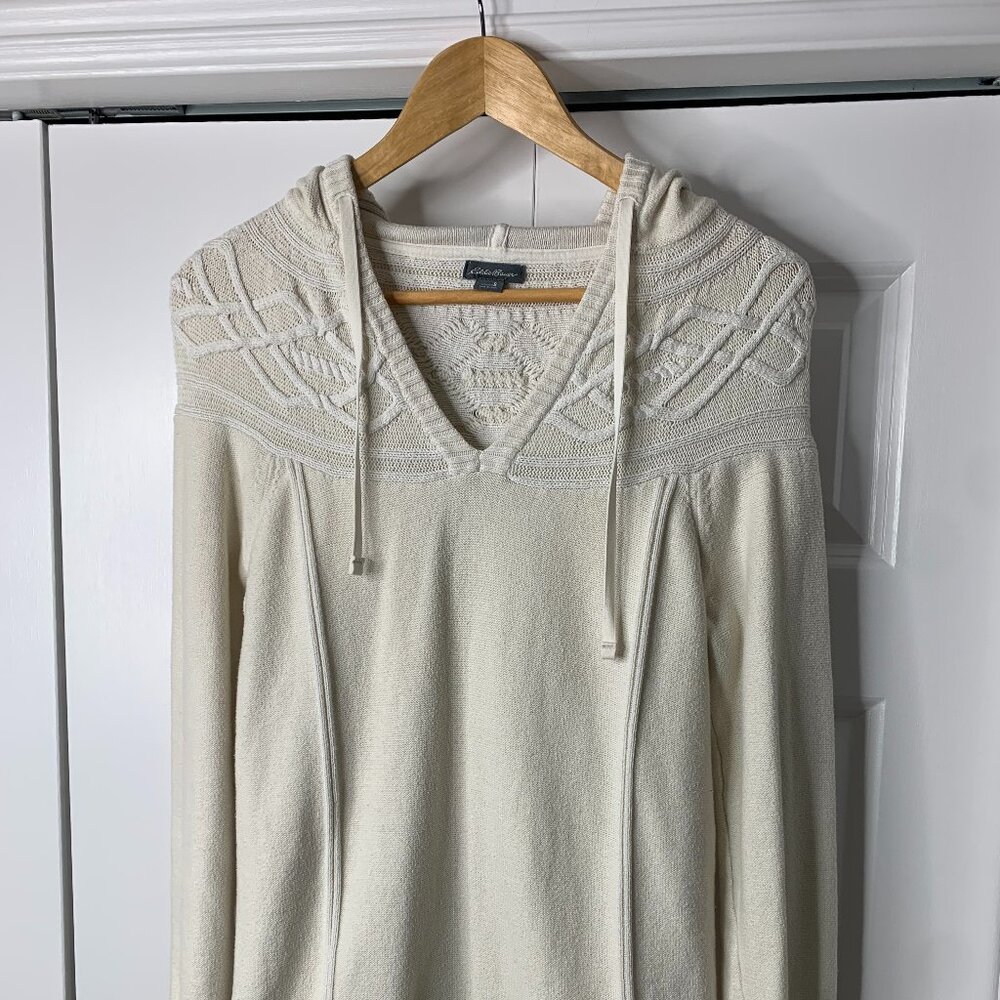 Eddie Bauer Women’s Cream Knit Hoodie – Small, V-Neck, Intricate Shoulder Detail